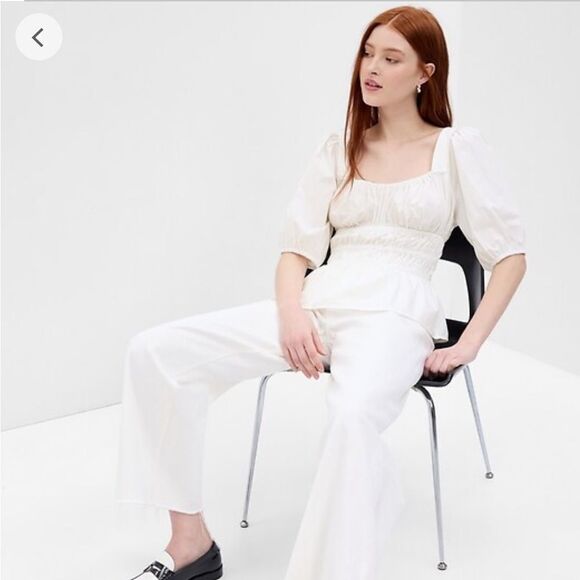 NWT Gap Puff Sleeve Cinched Waist Peasant Top in White sz XL - Picture 2 of 7